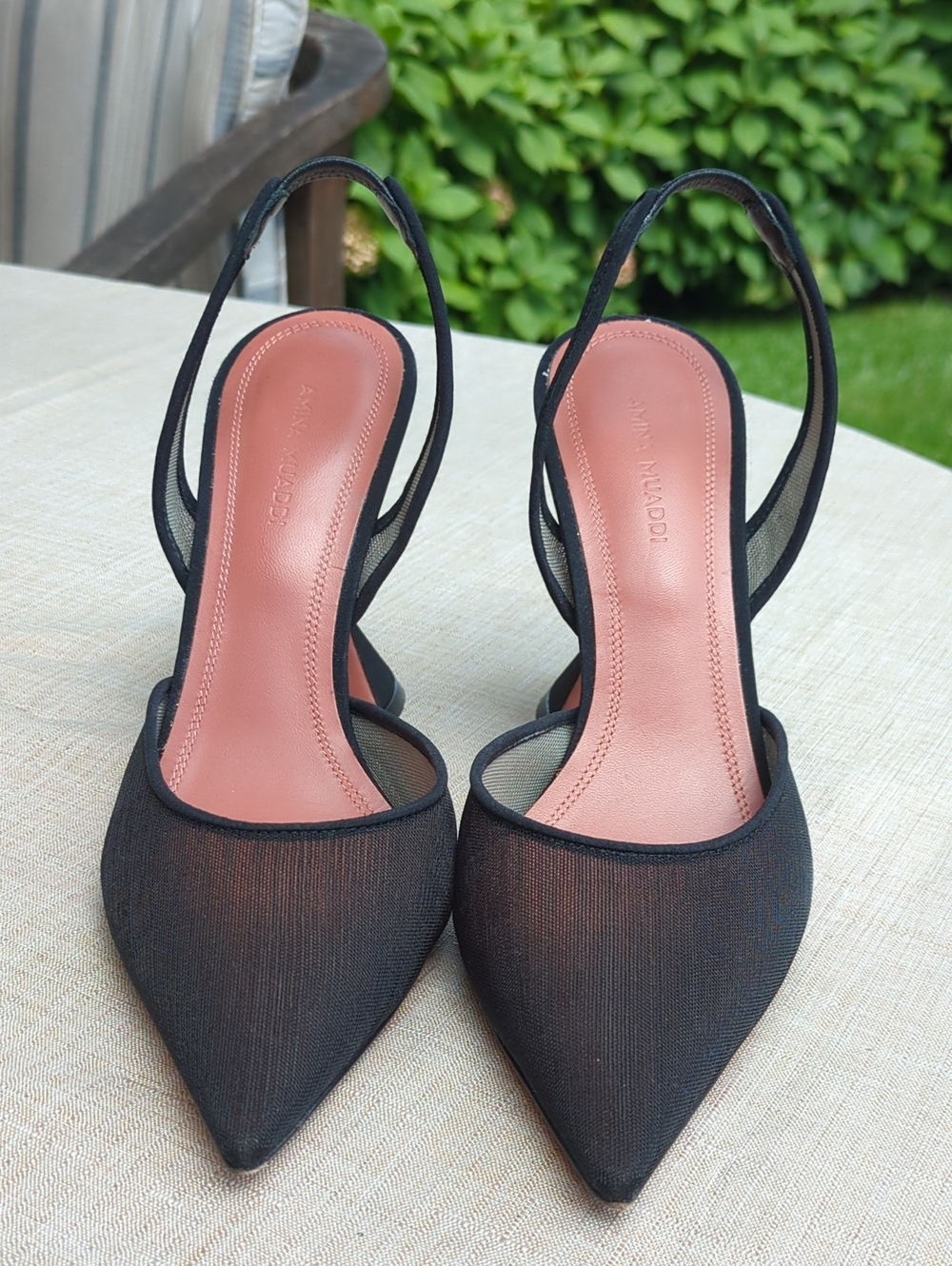 Amina Muaddi Black Mesh Pointed Slingback Heels with Pink Insole